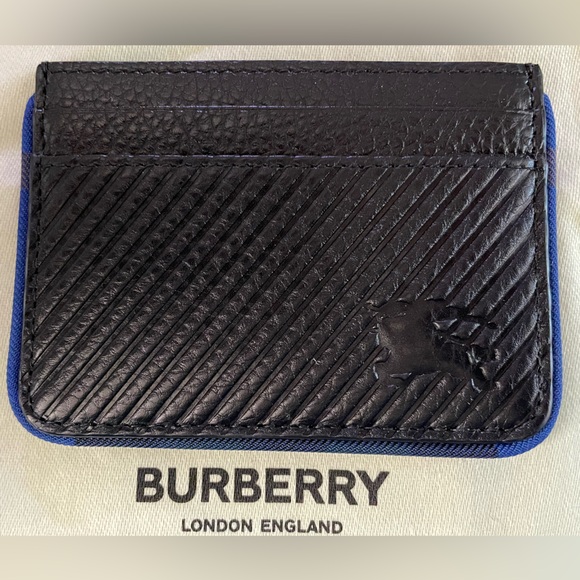 NWT Burberry Heritage EKD Embossed Leather Card Case Black Blue Authentic